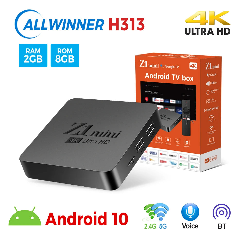 Smart ATV Box Z1 Mini – Android 10, Allwinner H313, 2GB RAM 8GB ROM, Dual 2.4G/5G WiFi, BT 5.2, 4K Media Player Set-Top Box