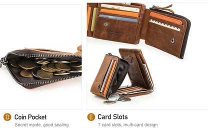 CONTACT'S Genuine Crazy Horse Leather Trifold Wallet – Vintage Men's Cowhide Wallet with Zip Coin Pocket
