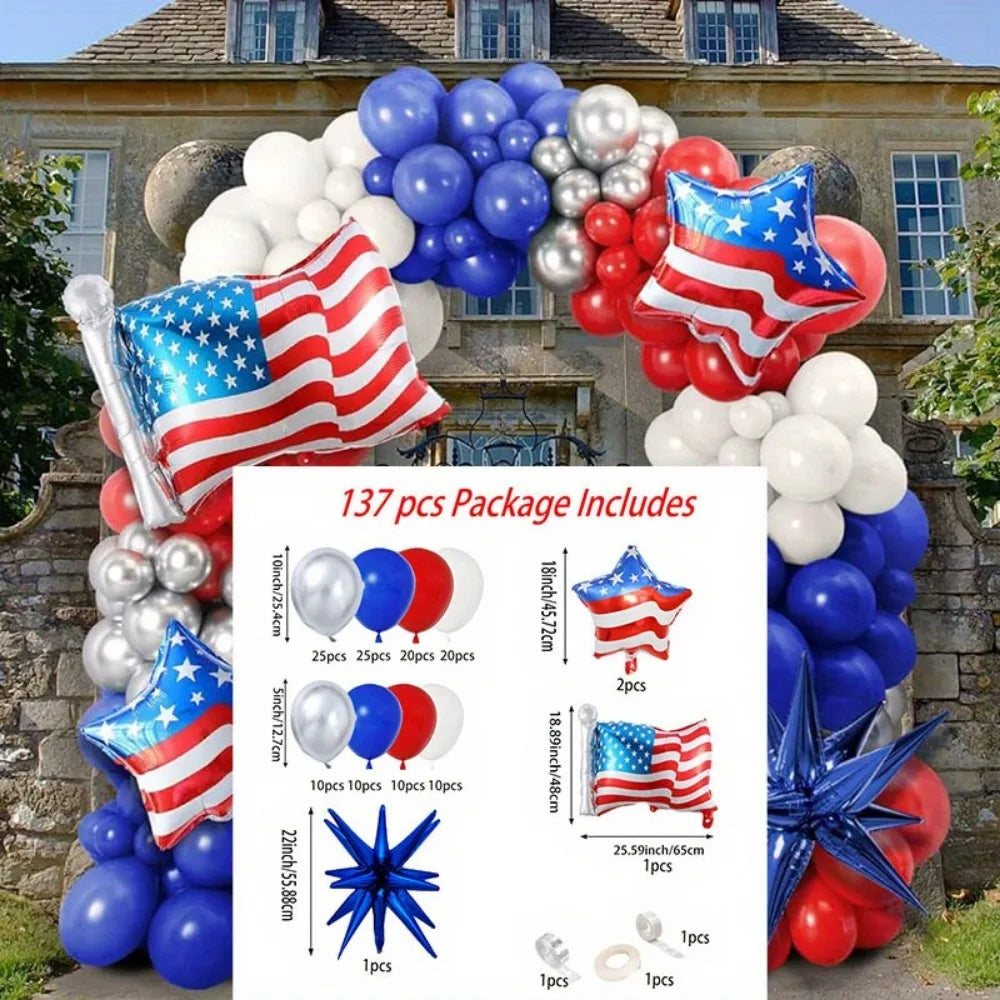 137PCS Independence Day Balloon Set – American Flag Foil & Latex Balloons for July 4th Patriotic Party Decorations