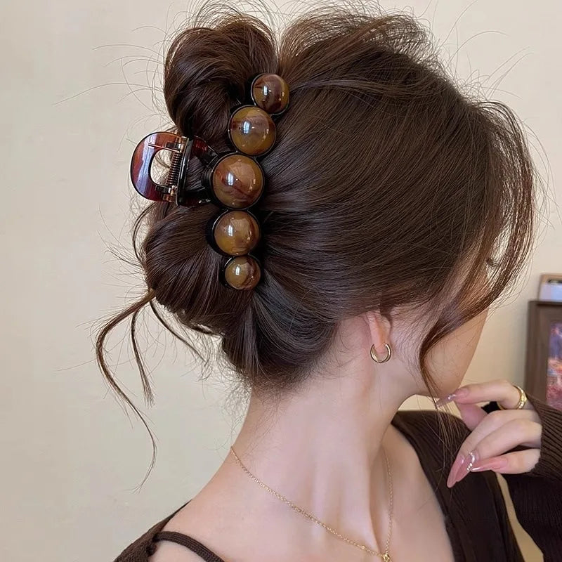 Retro Gradient Beaded Hair Claw 11cm | Women’s Geometric Plastic Shark Clip Hair Accessory