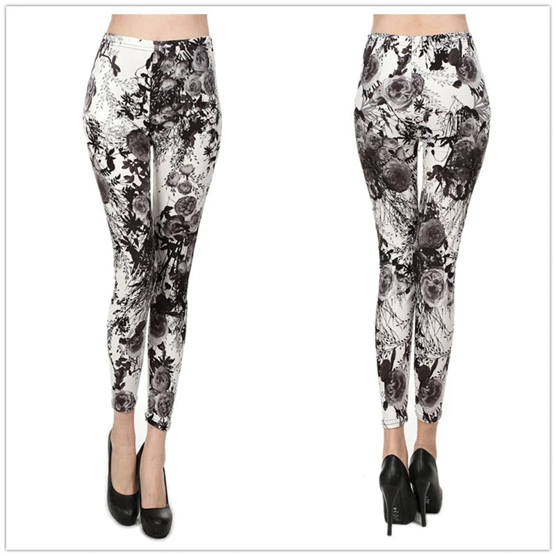 Plus Size Women Printed Leggings – Floral Elephant Star Plaid High Waist Stretch Slim Fit Skinny Pants 2XL–3XL Milk Silk Jeggings