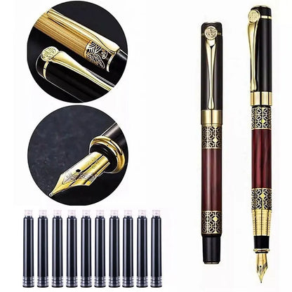 Retro Metal Fountain Pen — 1-100PCS Set with Replaceable Ink, Elegant Writing Pen for Office, School, and Stationery Gifts