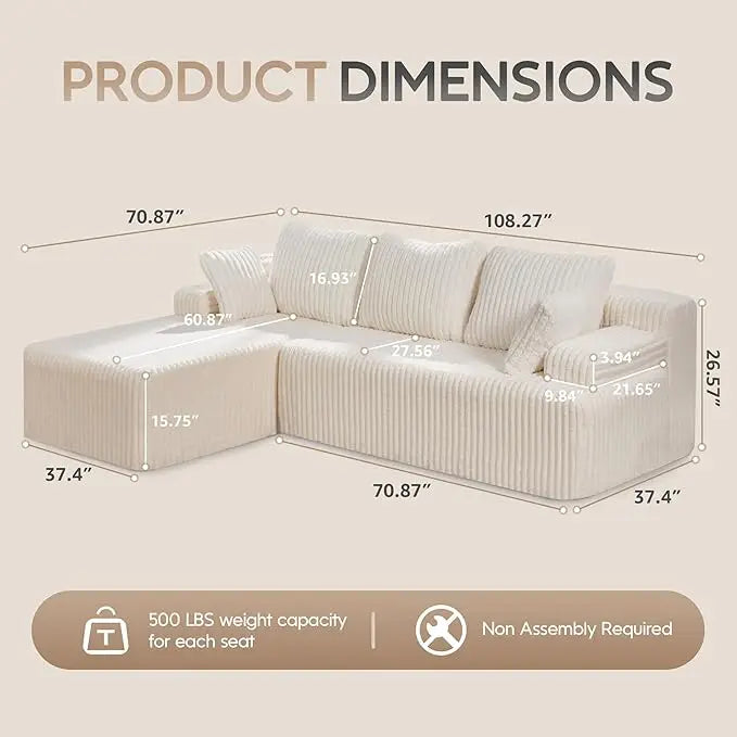 Modular L-Shaped 3-Seat Sectional Sofa — Memory Foam, Deep Seating & Storage