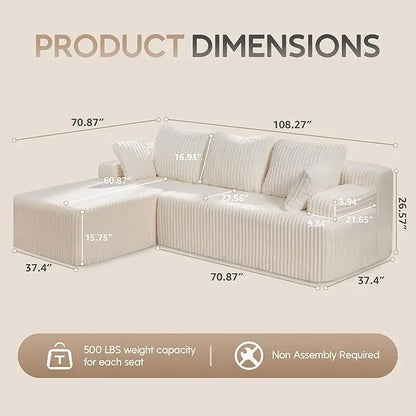 Modular L-Shaped 3-Seat Sectional Sofa — Memory Foam, Deep Seating & Storage
