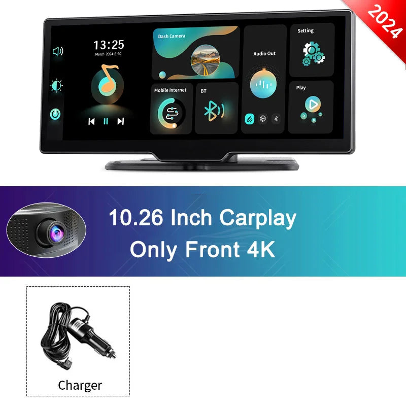 OBDPEAK K2 2.0 Dash Cam – 10.26" 4K Car DVR with CarPlay & Android Auto, GPS Navigation, Rearview Mirror Video Recorder