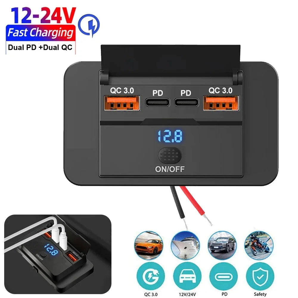 Car Charger Socket Adapter with Switch | 4-Port Charging Splitter for Bus, RV, ATV, Truck, Boat | 12V/24V PD, QC3.0
