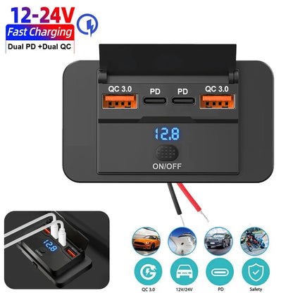 Car Charger Socket Adapter with Switch | 4-Port Charging Splitter for Bus, RV, ATV, Truck, Boat | 12V/24V PD, QC3.0