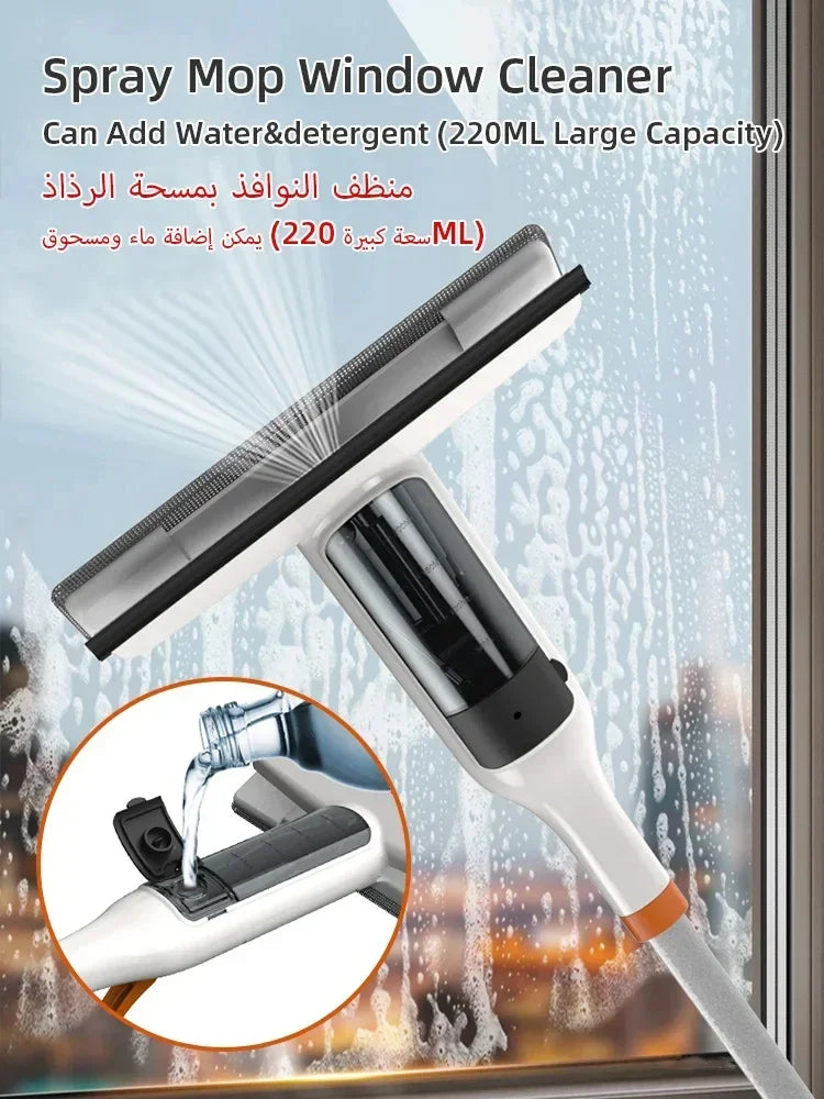 Double-Sided Window Cleaning Tool - Spray Glass Cleaner with Scrubber Handle and Outdoor Squeegee