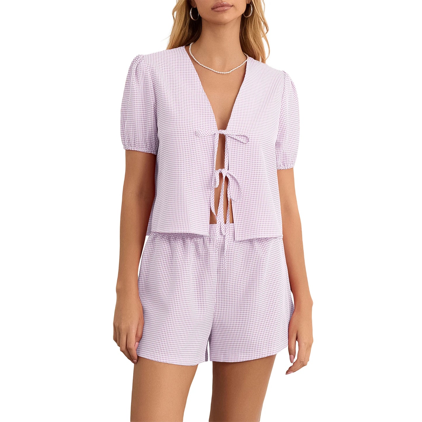 Maemukilabe Y2K Vintage Plaid 2-Piece Set for Women – Loose V-Neck Puff Sleeve Tie-Up Blouse & Shorts Lounge Matching Outfit