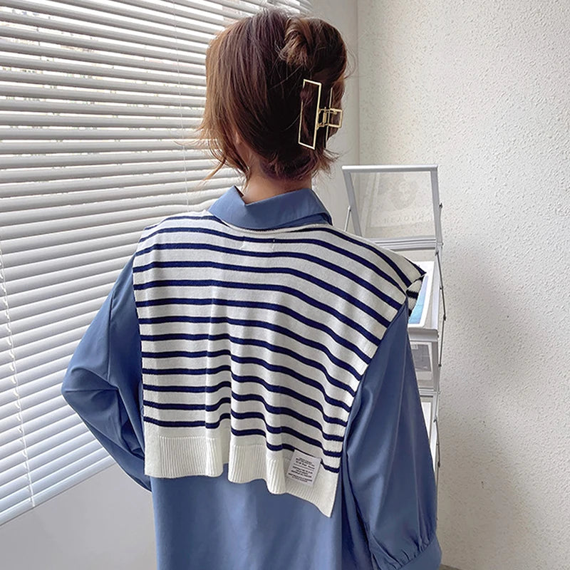 Striped Knitted Shawl Scarf – Warm Winter Cape with Fake Collar for Women