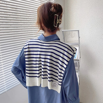 Striped Knitted Shawl Scarf – Warm Winter Cape with Fake Collar for Women