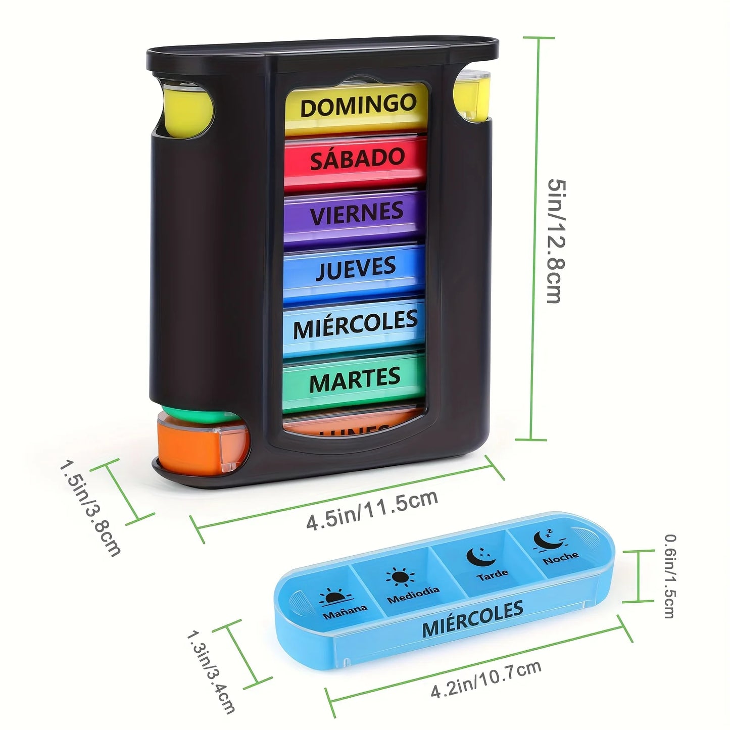 Weekly Pill Box 28 Compartments — 7-Day, 4-Dose Daily Pill Organizer with Spanish Printing