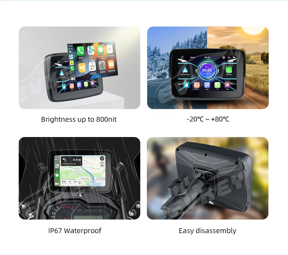 EKIY MTC-10 5” Wireless CarPlay Motorcycle Navigation Display – Portable Android Auto Monitor