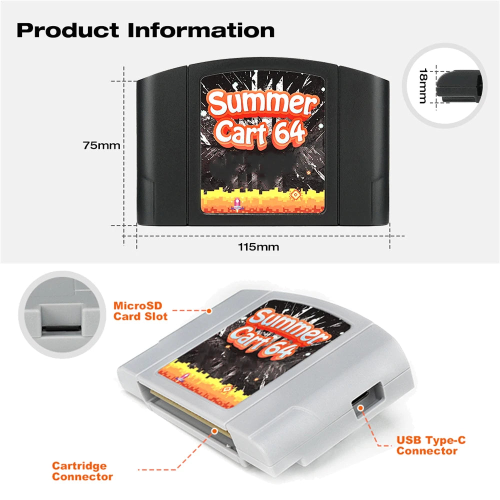 SummerCart 64 Game Card for N64 – Retro ED 64 Cartridge for Nintendo 64, 8GB TF Card, No Region Restriction