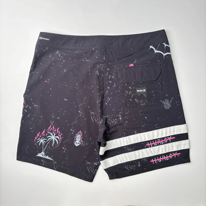Men’s Two-Stripe Black Beach Shorts - Stretch Quick-Dry Bermuda Swim Trunks