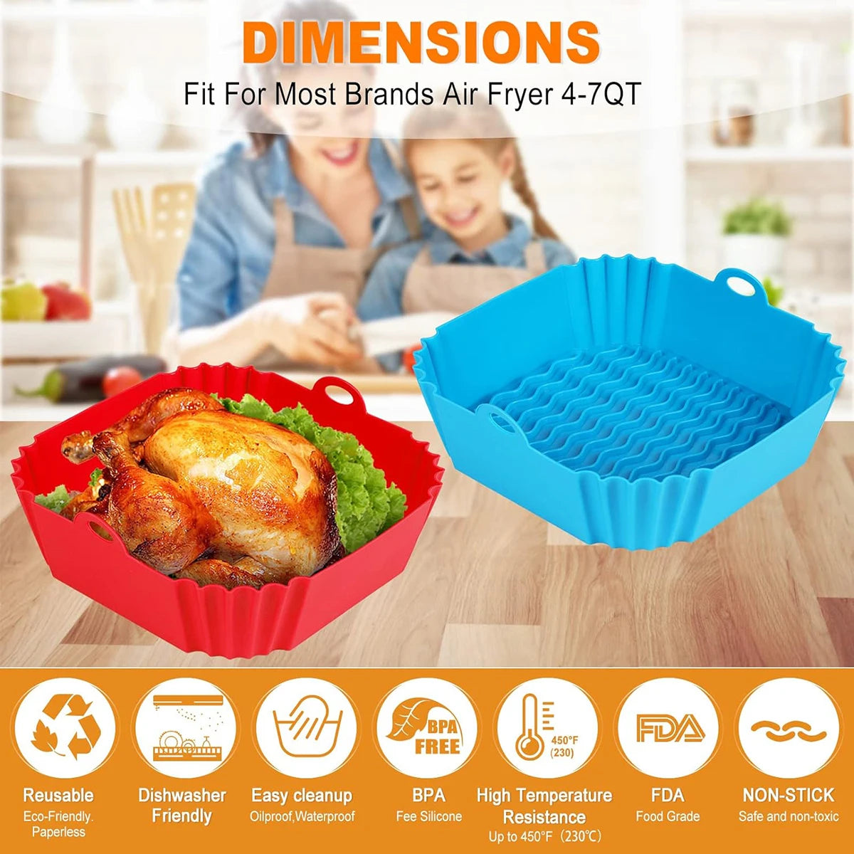 Reusable Silicone Air Fryer Liner Basket with Non-Stick Baking Tray & Pizza Pan for Kitchen Cooking