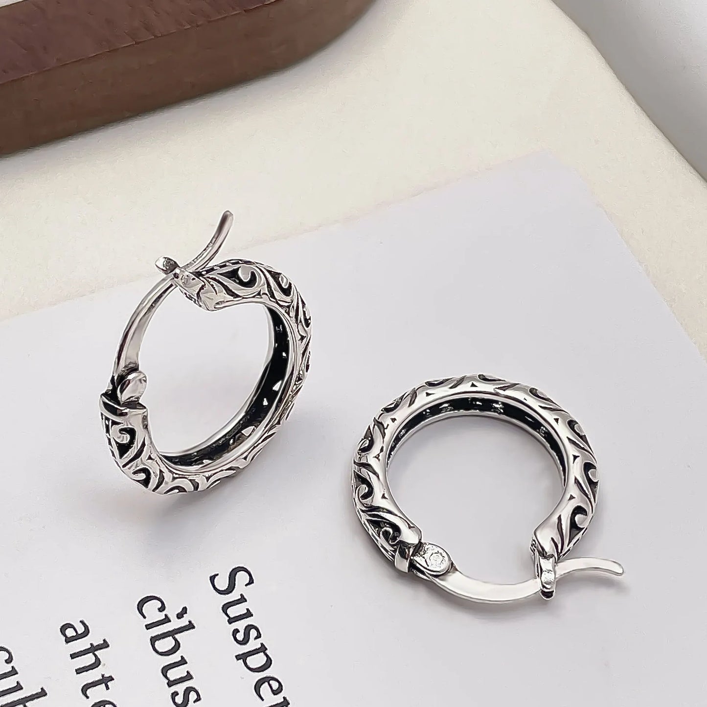 PANJBJ925 Sterling Silver Hoop Earrings - Frosted Geometric Design Fashion Jewelry Gift for Women