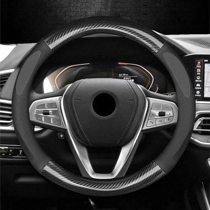 Universal Carbon Fiber Leather Steering Wheel Cover — 3D Anti-Slip, Stylish Car Accessory
