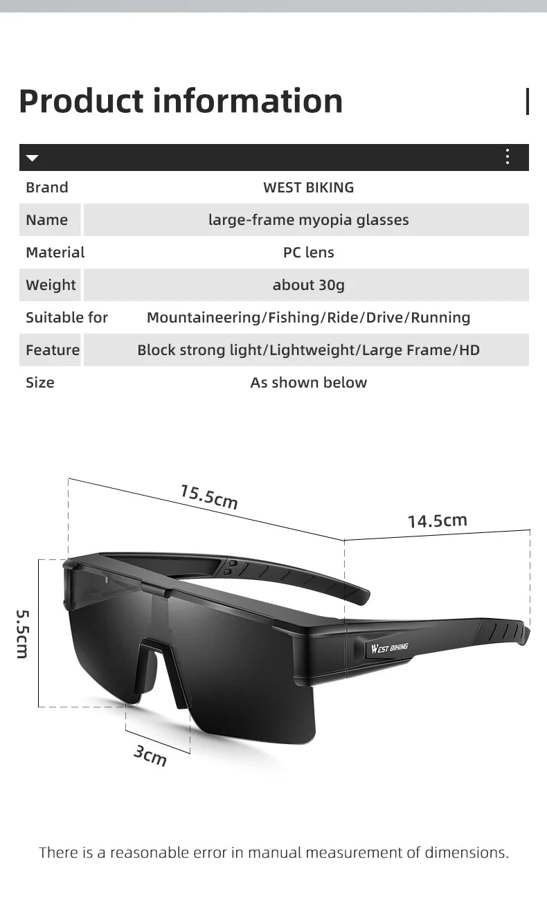 WEST BIKING Large Frame Cycling Glasses — Polarized Photochromic Sunglasses Fit Over Myopic Goggles