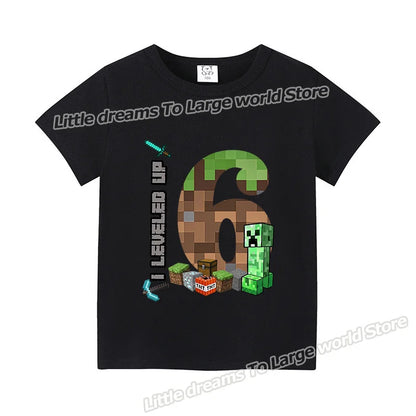 Miner Crafting Birthday Number T-Shirt – Cartoon Summer Short Sleeve Tops for Boys Party Gift
