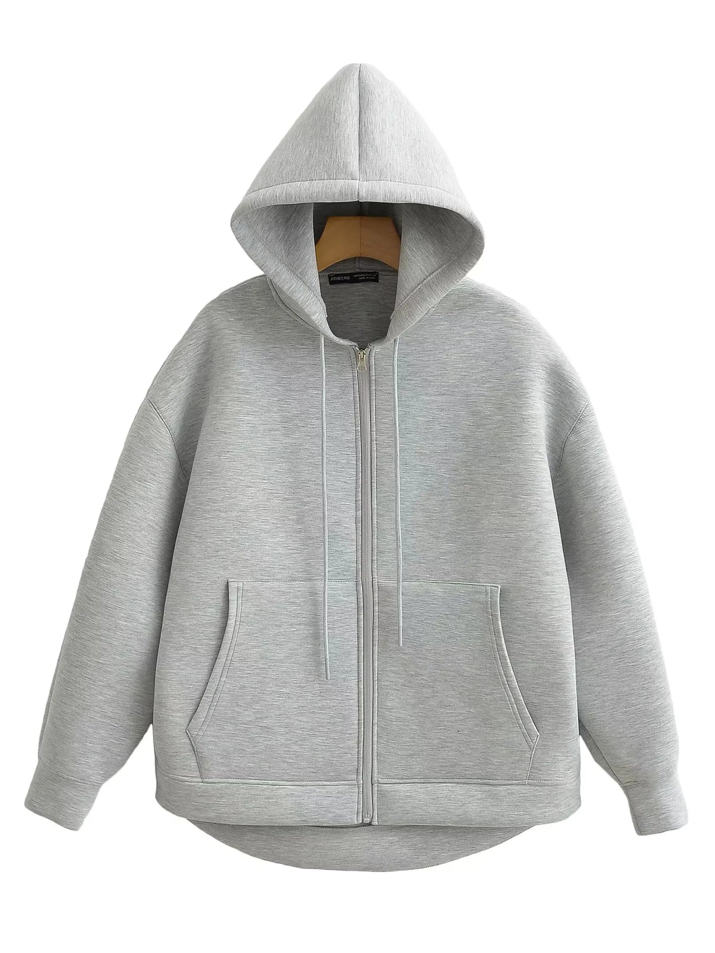 TRAFZA Autumn Women's Gray Jacket – Hooded, Long Sleeve, Zipper Coat with Big Pockets, Loose Casual Outerwear Tops