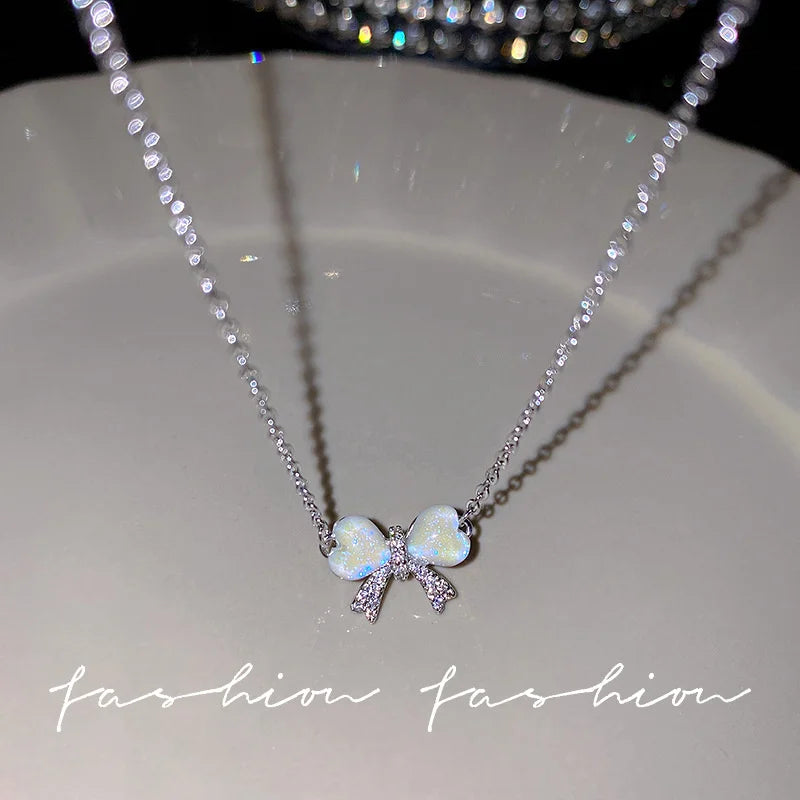 Y2K Crystal Bow Angel Wings Necklace - Heart Pendant Clavicle Chain for Women Trendy Aesthetic Jewelry