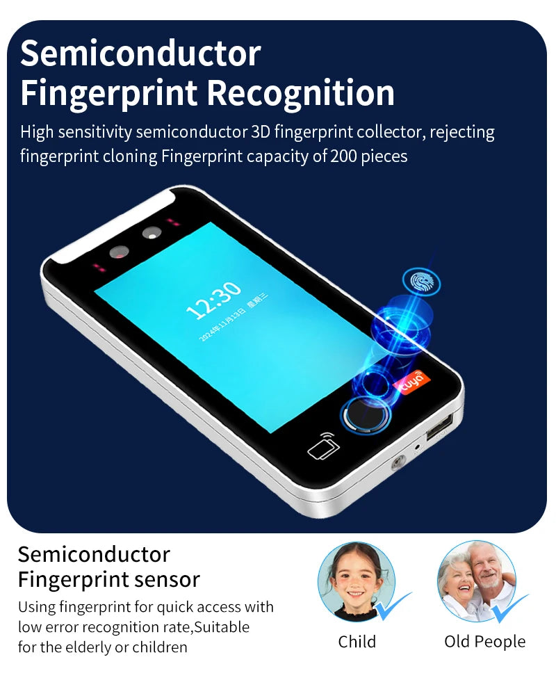 Asia Teco 5-Inch Face Recognition Access Control – WiFi TCP/IP Attendance Machine with Tuya App & Fingerprint Scanner