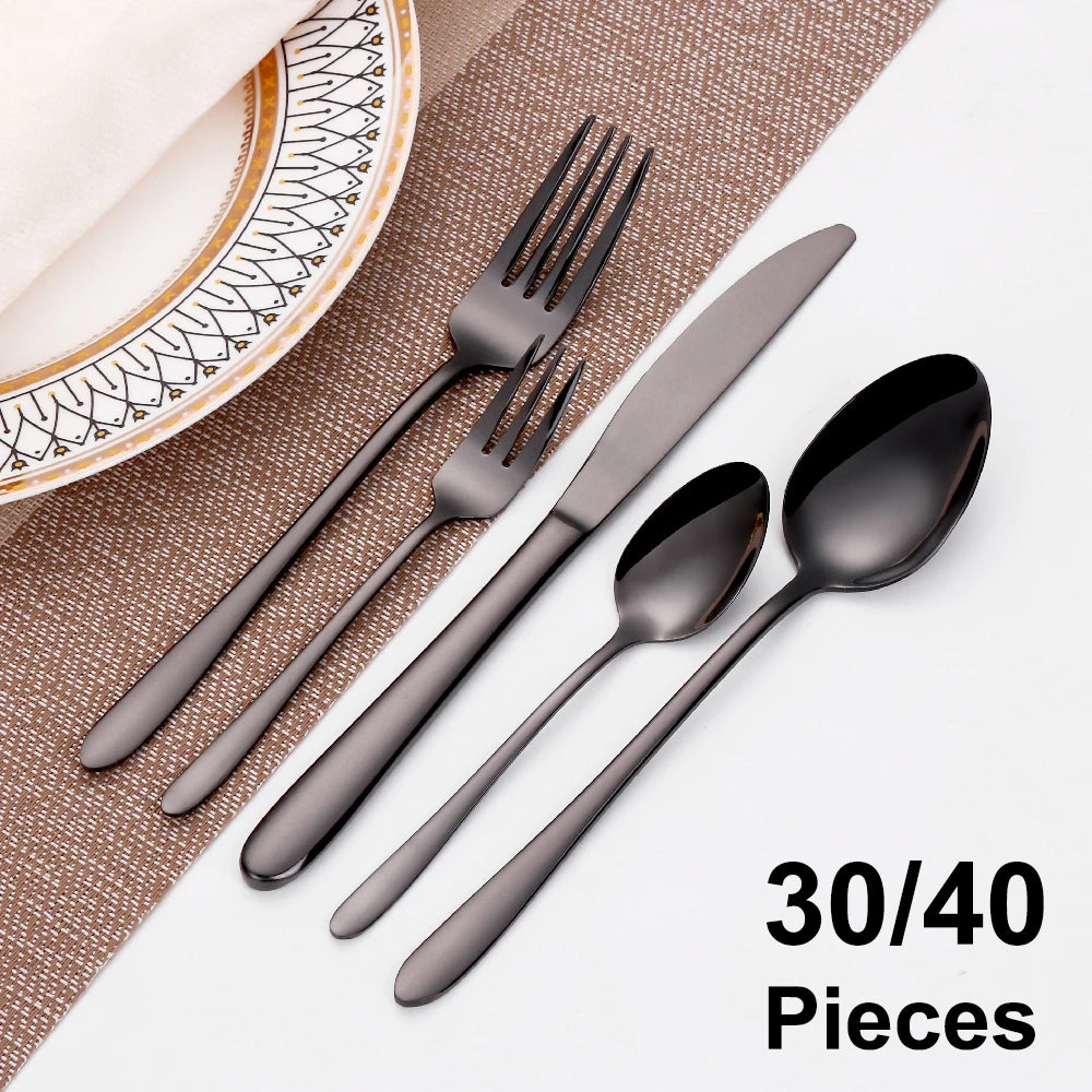 30/35/40-Piece Western Tableware Set – Elegant Black Stainless Steel Cutlery with Mirror Finish, Knife, Fork, Spoon for Kitchen and Dining