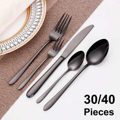 30/35/40-Piece Western Tableware Set – Elegant Black Stainless Steel Cutlery with Mirror Finish, Knife, Fork, Spoon for Kitchen and Dining
