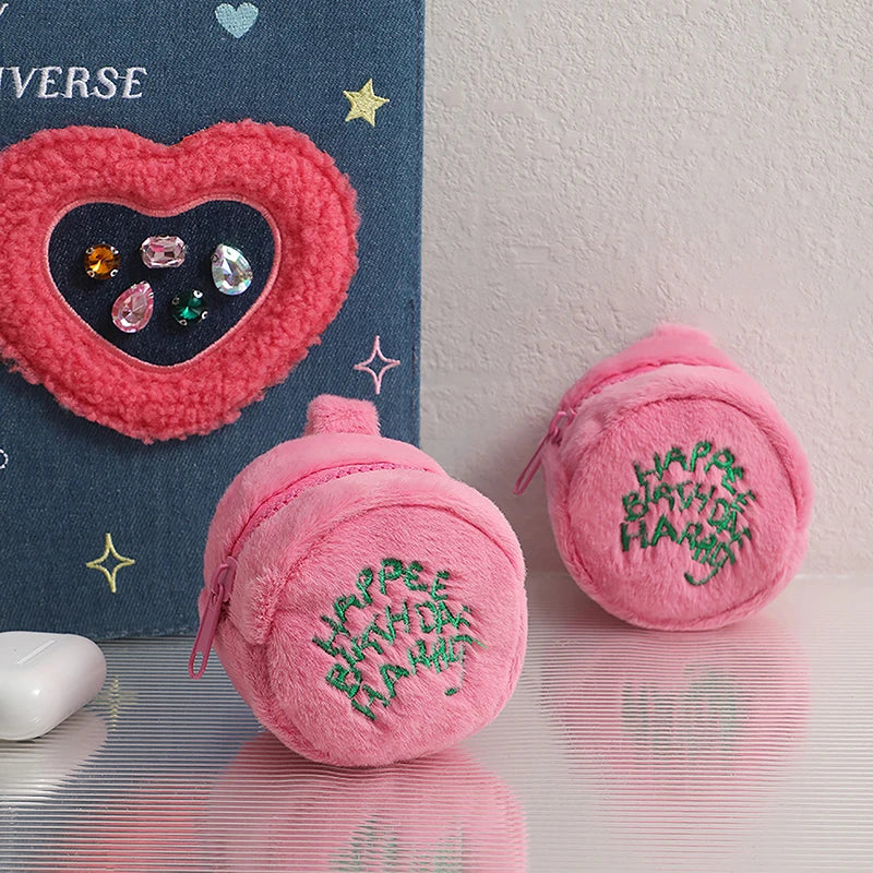 Pink Mini Coin Purse - Kawaii Plush Storage Bag for Earphones, Coins & Cords, Cute Portable Cake Pouch