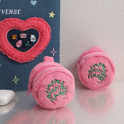 Pink Mini Coin Purse - Kawaii Plush Storage Bag for Earphones, Coins & Cords, Cute Portable Cake Pouch