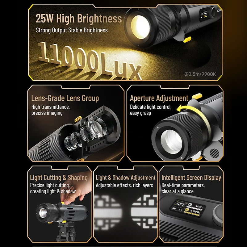 Sidande Z25 MAX 25W Bi-Color COB Gobo Projector Light - 2000K–9900K Adjustable Spotlight with 2–30mm Aperture & Focusable Lens