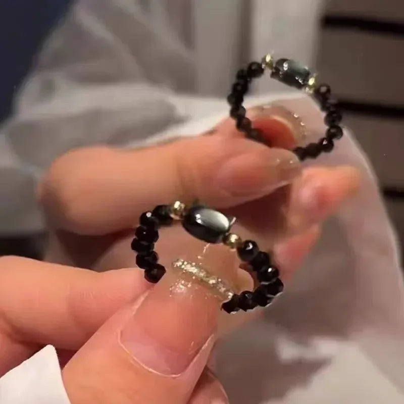 Mini Cat Moonstone Rings Set - Handmade Elastic Natural Obsidian Beaded Couple Rings for Men & Women Jewelry Gift