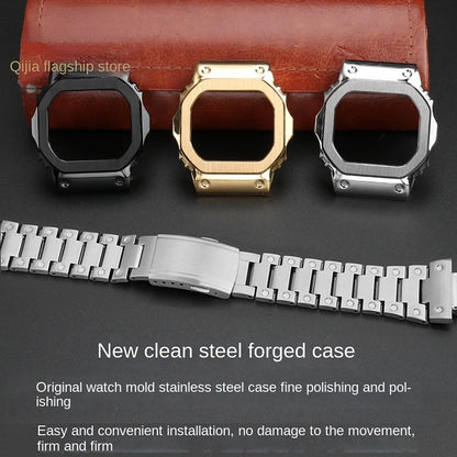 Stainless Steel Metal Case & Strap for Casio G-SHOCK DW5600, GW-M5610, 5000 & GW-B5600 – Gold & Black Modified Watchband