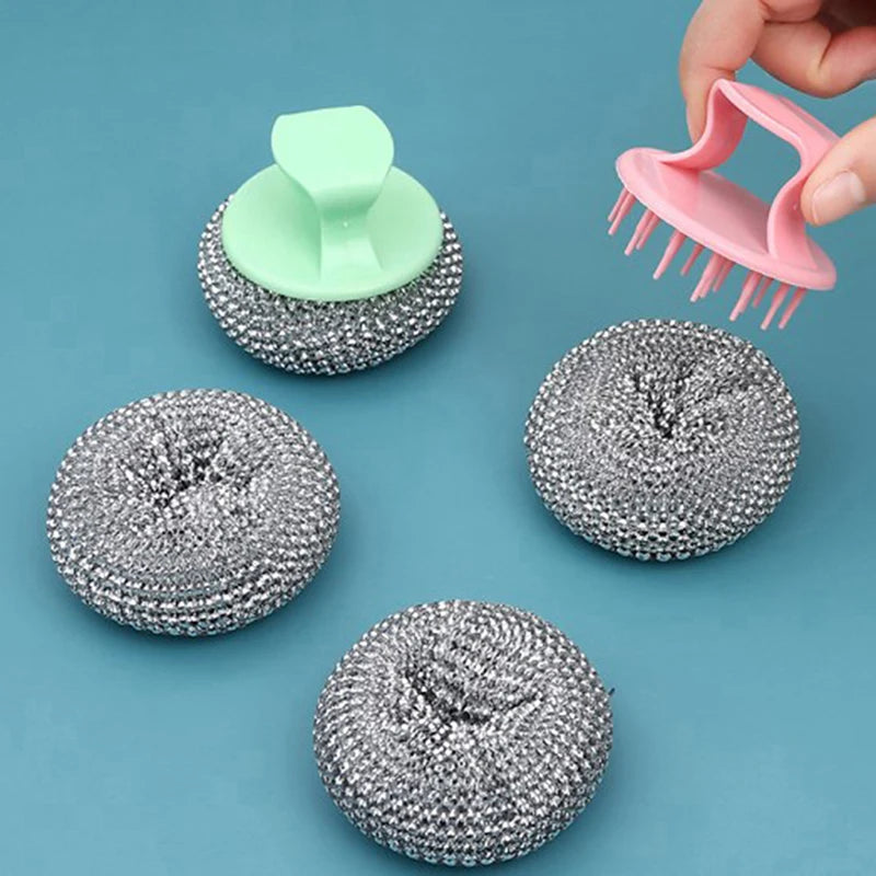 Stainless Steel Cleaning Balls with Handle - Non-Falling Wire, Oversized Brush Plate, and Bowl Brush for Household Kitchen