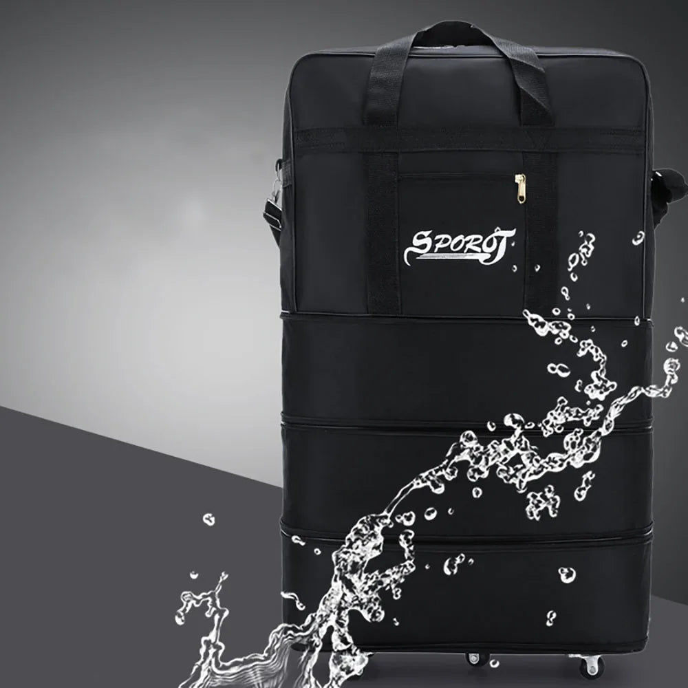 Foldable Trolley Travel Bag with Wheels – Expandable Black Luggage for Men & Women, Ideal for Weekend Trips & Overnight Travel