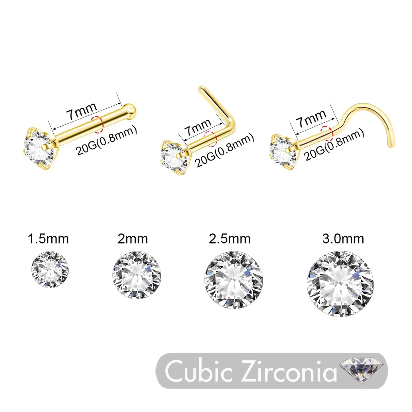 5PCS Stainless Steel Nose Ring Studs — Crystal Nostril Piercing Jewelry for Women & Girls, 1.5/2.0/2.5/3.0mm, 20G