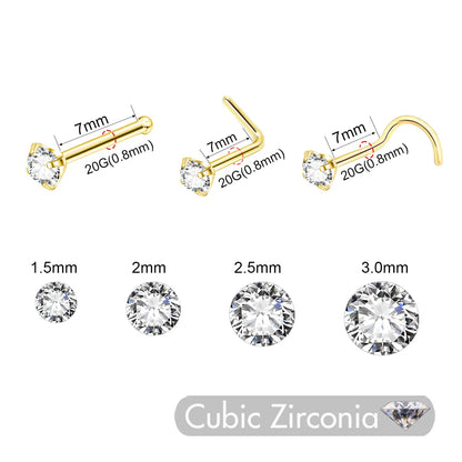 5PCS Stainless Steel Nose Ring Studs — Crystal Nostril Piercing Jewelry for Women & Girls, 1.5/2.0/2.5/3.0mm, 20G