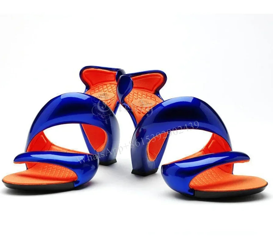 Women's Blue Snake Gladiator Sandals - Patent Mixed-Color Ribbon Design Slip-On High Heel Shoes