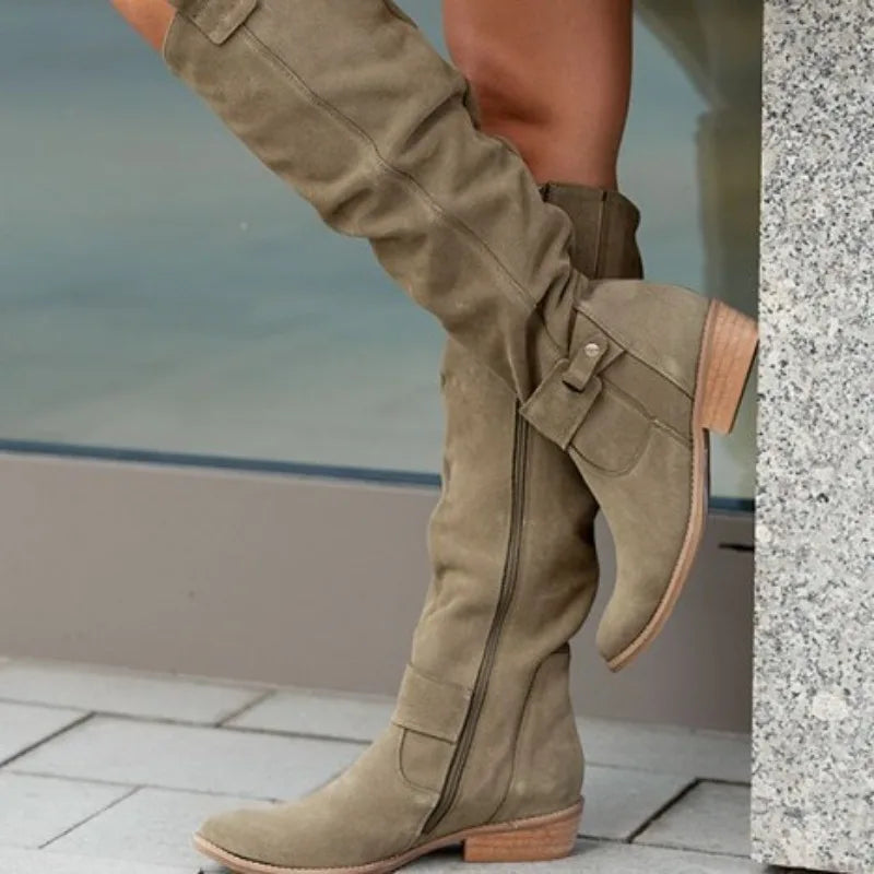 Women’s Thigh-High Suede Boots – Low Heel Side-Zip Knee-High Booties, Retro Autumn Winter Size 43