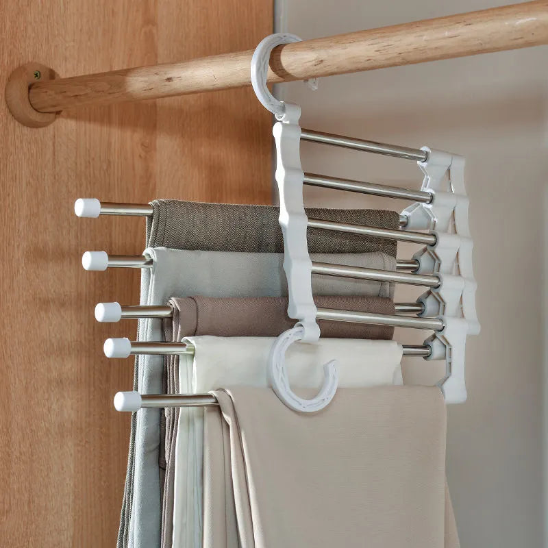 5-In-1 Magic Trouser Rack Hangers - Stainless Steel Folding Pant Rack, Tie Hanger, Shelves - Bedroom Closet Organizer, Wardrobe Storage