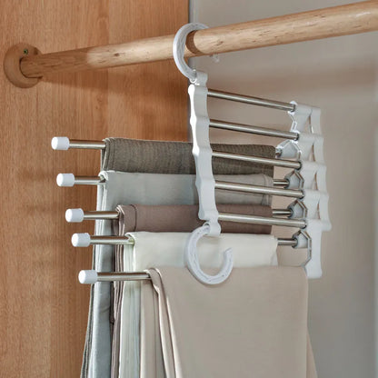 5-In-1 Magic Trouser Rack Hangers - Stainless Steel Folding Pant Rack, Tie Hanger, Shelves - Bedroom Closet Organizer, Wardrobe Storage