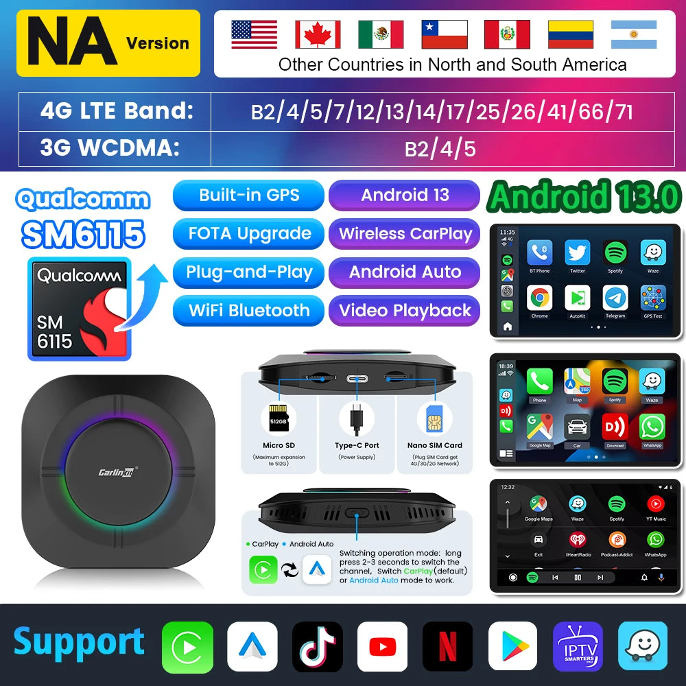 2025 Carlinkit AI Box LED – Android 13 Wireless CarPlay Adapter with Qualcomm 6115, 8-Core 64GB Smart TV Box for Netflix & IPTV