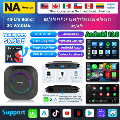 2025 Carlinkit AI Box LED – Android 13 Wireless CarPlay Adapter with Qualcomm 6115, 8-Core 64GB Smart TV Box for Netflix & IPTV