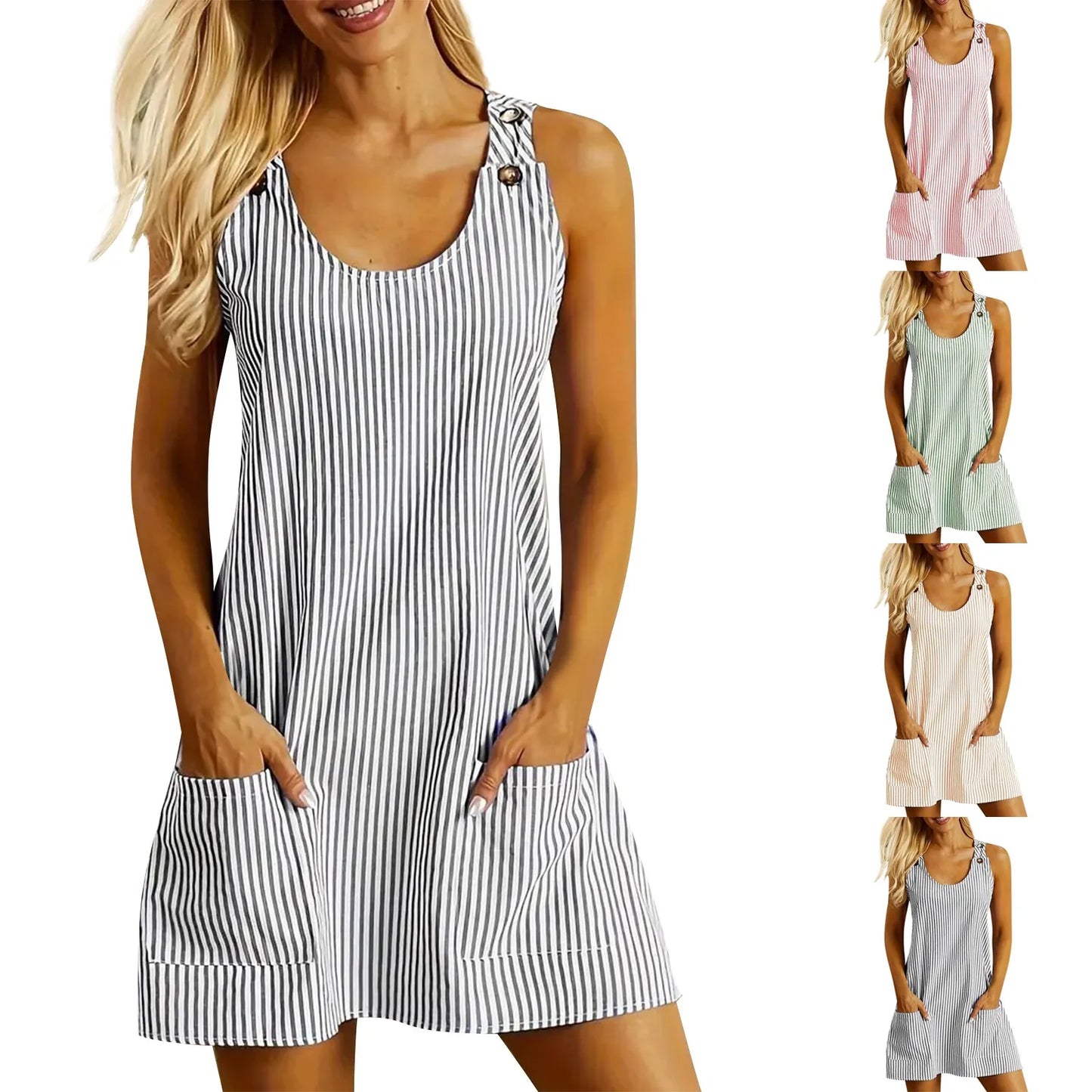 Women's Striped Patchwork Mini Dress - Sleeveless U-Neck Casual Summer Dress with Pockets