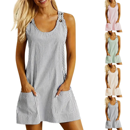 Women's Striped Patchwork Mini Dress - Sleeveless U-Neck Casual Summer Dress with Pockets