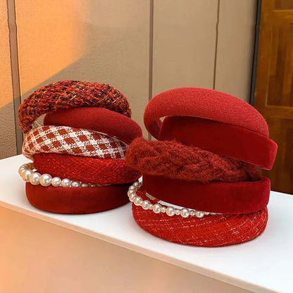 Vintage Red Woolen Velvet Headband – Women's Side Sponge Hair Hoop for Christmas & Fashion Accessories