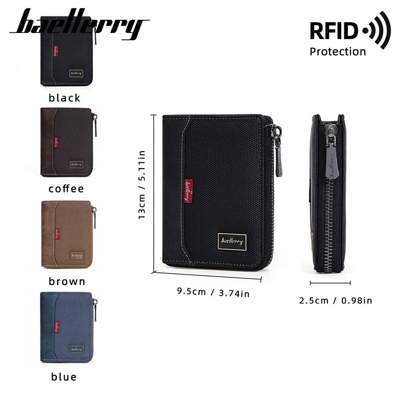 Baellerry RFID Short Men’s Wallet — Luxury Zipper Card Holder with Coin Pocket & Photo Slots