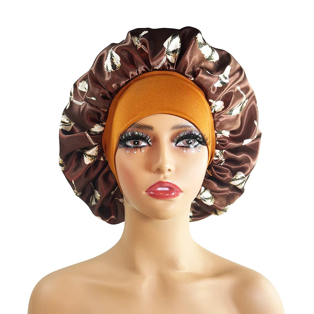 Large Satin Bonnet for Women - Flower Print Silk Sleep Cap with Elastic Band for Braids, Curly & High-Density Hair