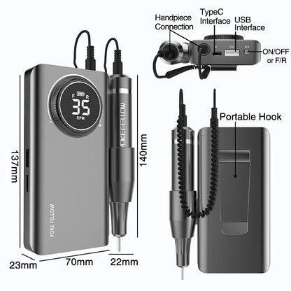 YOKEFELLOW Professional Nail Drill Kit – 35000RPM Rechargeable Electric Nail File for Manicure, Acrylic & Gel Nails
